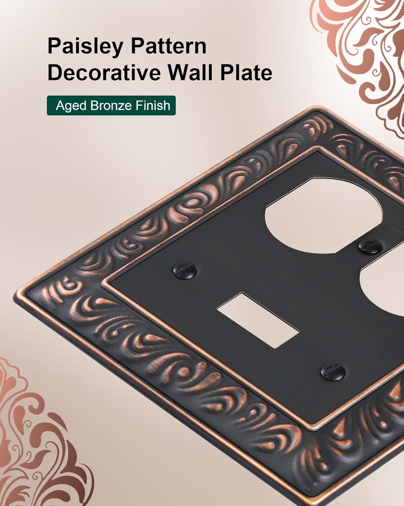 treewell 2-Pack Combo Toggle/Duplex Light Switch Cover Plate, Paisley Pattern Decorative Wall Outlet Cover Plate, Aged Bronze 2 Gang Metal Wall Plates for Electrical Outlets, Light Switch - Image 3